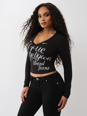 True Religion T-Shirt Crystal Branded V Neck Ls Bby Jet Black