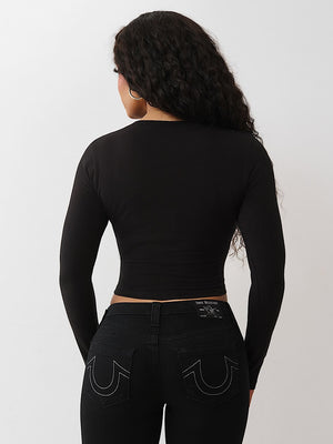 True Religion T-Shirt Crystal Branded V Neck Ls Bby Jet Black