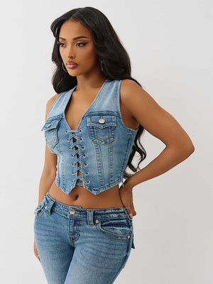 True Religion Top Lace Up Denim Melody Line