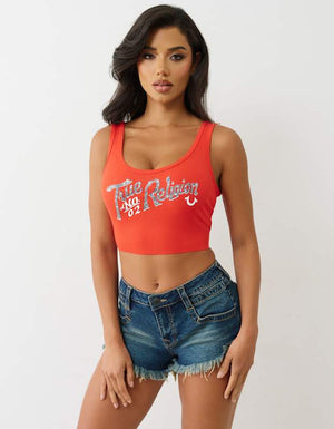 True Religion Crystal Rib Crop Tank Flame Scarlet