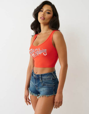True Religion Crystal Rib Crop Tank Flame Scarlet