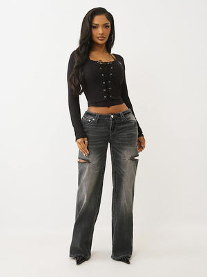 True Religion Top Branded Frnt Lace Up Rib Ls Jet Black