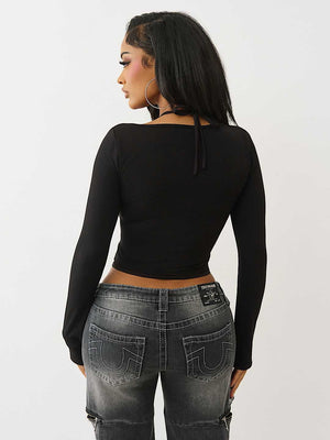 True Religion Top Branded Frnt Lace Up Rib Ls Jet Black