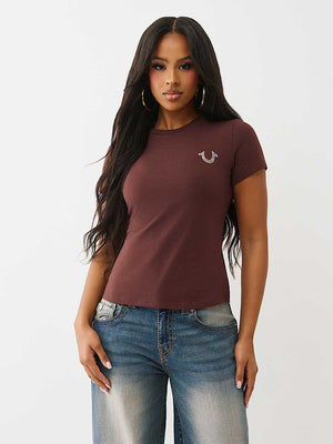 True Religion T-Shirt Crystal Crew Neck Bitter Chocolate