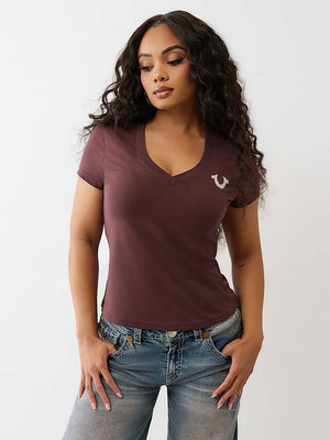 True Religion T-Shirt Crystal Buddha V Neck Ss Fudge