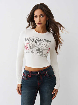 True Religion T-Shirt Printed Buddha Ls Baby Winter White