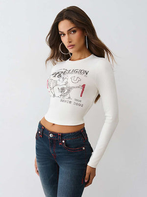 True Religion T-Shirt Printed Buddha Ls Baby Winter White