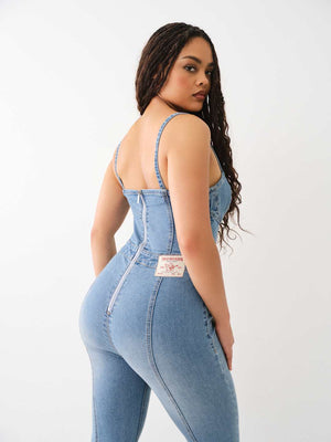 True Religion Jumpsuit Denim Zip Fitted Blue