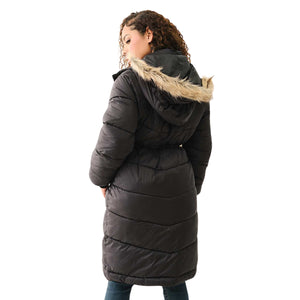 FUR LINED HOODED PUFFER JACKET JET BLACK