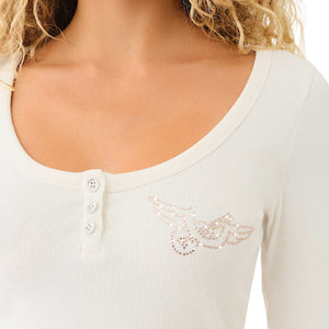 TRUE RELIGION CREW SCOOP NECK LS HENLEY RIB TOP WINTER WHITE
