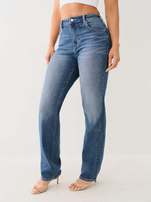 True Religion Jean Ladies Sarah SN High Rise Straight Medium Blizzard Wash