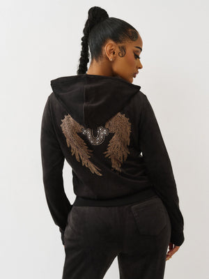 True Religion Hoodie Wing Velour Zip Jet Black