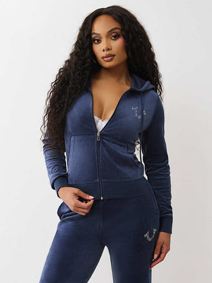 True Religion Wing Velour Zip Hoodie Blue