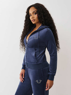 True Religion Wing Velour Zip Hoodie Blue