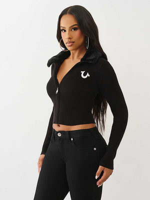 True Religion Sweater Ribbed Zip Up Faux Fur Jet Black