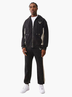 True Religion Hoodie Mesh Inset Rust Cinched Up Jet Black