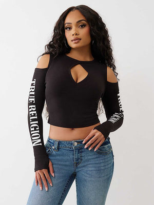 True Religion Top Branded Rib Cut Out Long Slvs Jet Black