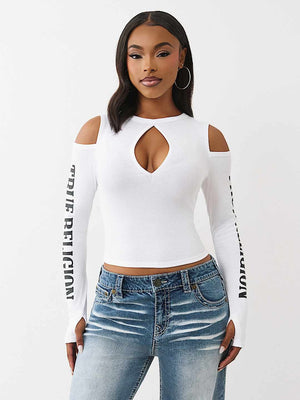 True Religion Top Branded Rib Cut Out Long Slvs White