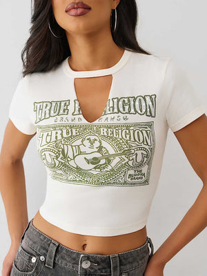 True Religion T-Shirt Crystal Buddha Keyhole Ss Bby T Winter White