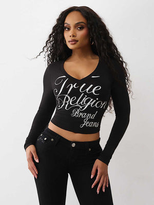 True Religion T-Shirt Crystal Branded V Neck Ls Bby Jet Black