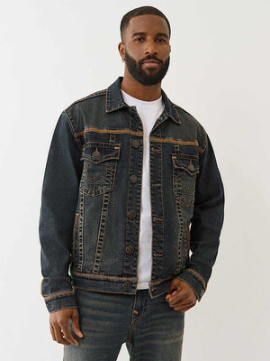 True Religion Denim Jacket Super Flatlock Trucker Greenland Dark Wash