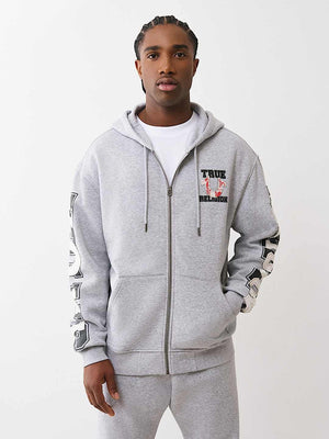 True Religion Hoodie Terry Applique Zip Up Hood Heather Grey