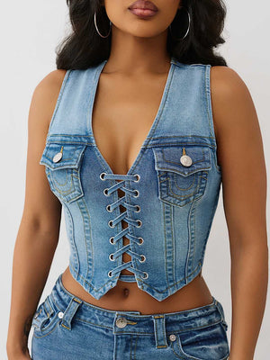 True Religion Top Lace Up Denim Melody Line