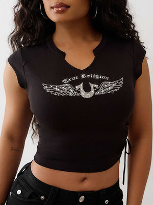 True Religion Crystal V Notch Side Ruch Top Jet Black
