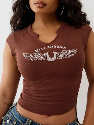 True Religion Crystal V Notch Side Ruch Top Rocky Road