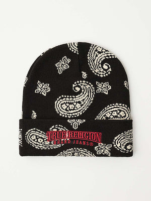 True Religion White Paisely Beanie Jet Black