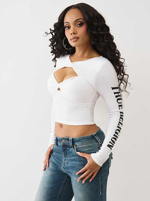 True Religion Top Printed Rib Twist Keyhole Optic White