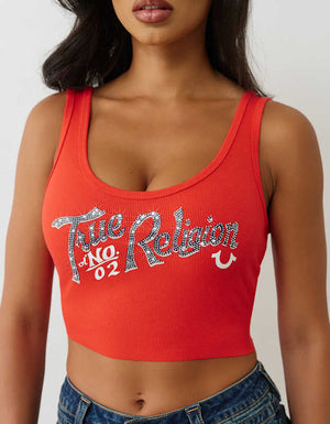 True Religion Crystal Rib Crop Tank Flame Scarlet