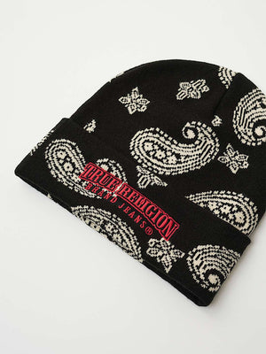 True Religion White Paisely Beanie Jet Black