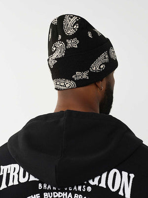 True Religion White Paisely Beanie Jet Black