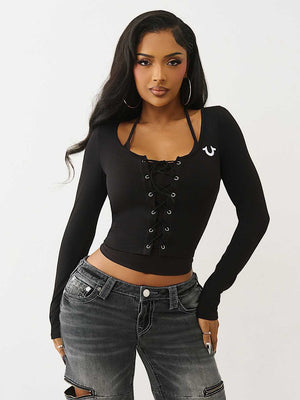 True Religion Top Branded Frnt Lace Up Rib Ls Jet Black