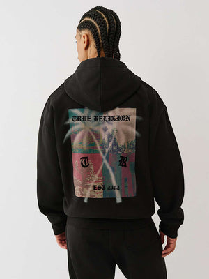 True Religion Hoodie Palm Tree Zip Up Jet Black